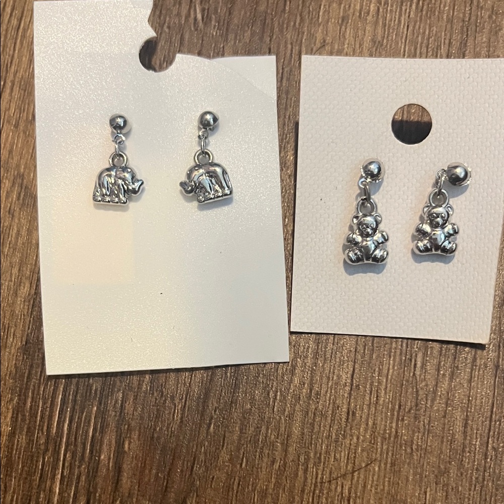 NWT Silver Tone Animal Elephant and Bear Charm Earrings